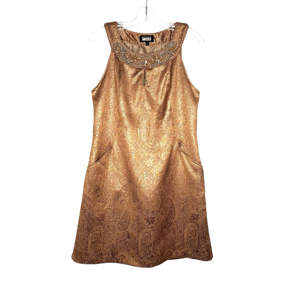 Alexia Admor Gold Brocade Mini Dress beaded collar retro design Large pockets